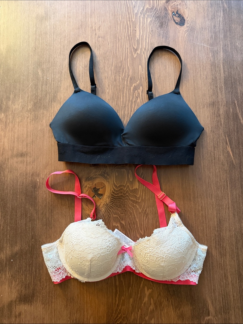 Victoria's Secret Black Seamless Bralette & White Lace Bra with Pink Straps